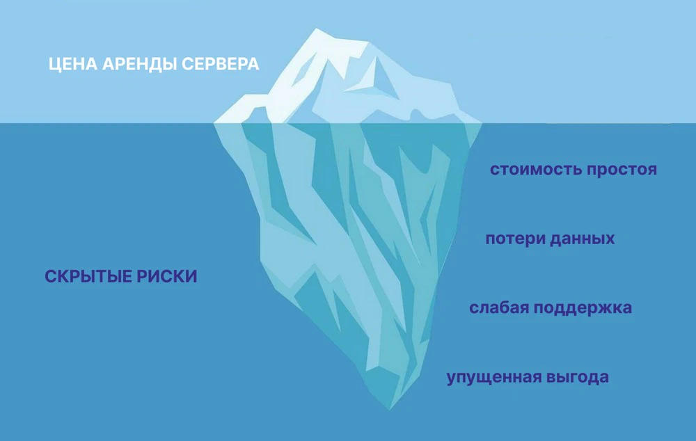 Инфографика, иллюстрирующая скрытые риски и затраты при выборе выделенного сервера помимо основной ц