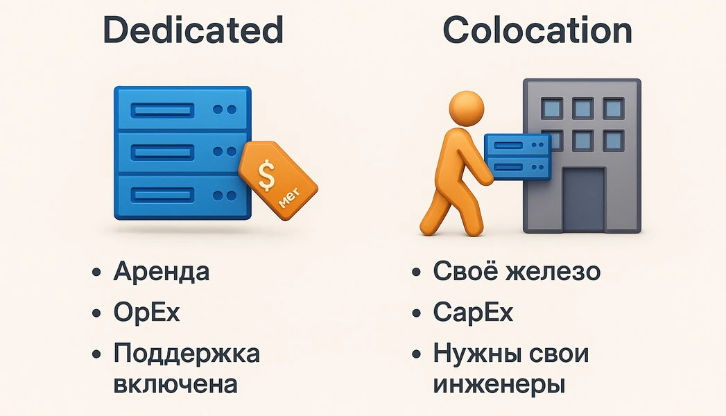 Инфографика: ключевое отличие аренды выделенного сервера от размещения своего оборудования в дата-це