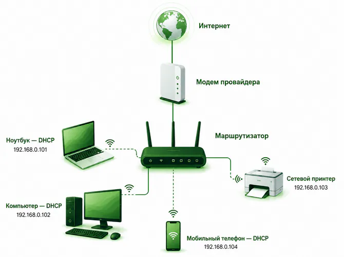 Схема: DHCP через маршрутизатор