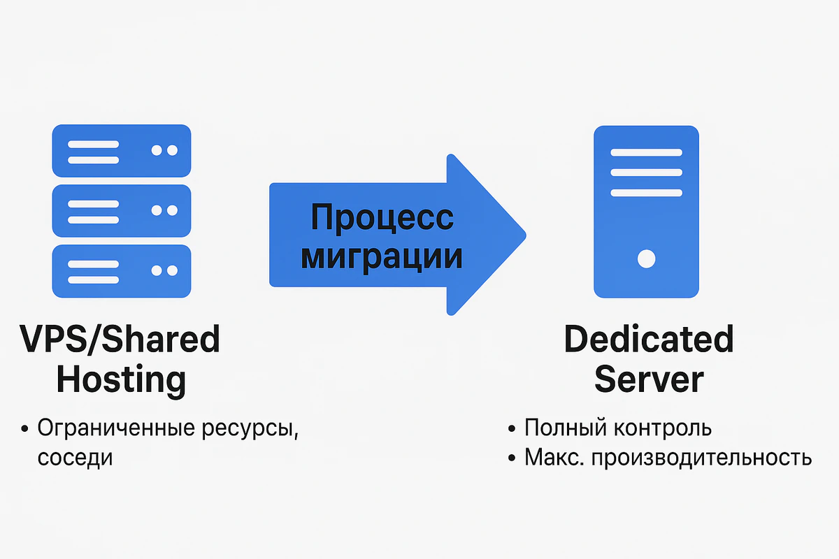 Схематичное изображение процесса миграции с виртуального хостинга на выделенный сервер для повышения